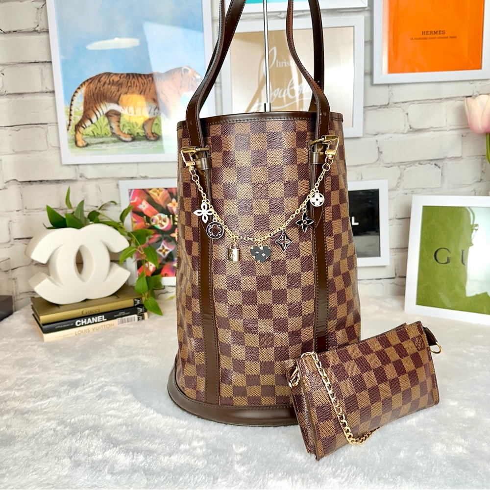 Louis Vuitton Damier Ebene Bucket GM Bag and Pouch- crossbody RARE 3-Way bag!